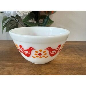 Pyrex Friendship Birds Mixing Bowl Red Orange 24 oz Vintage Midcentury Milk